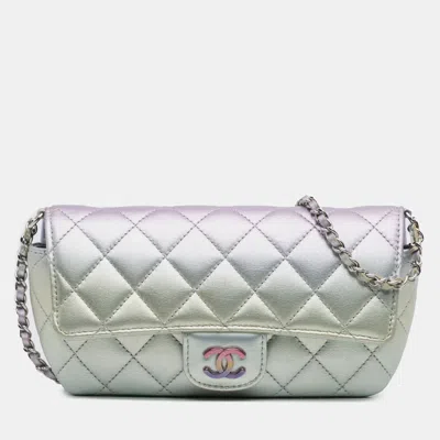 Pre-owned Chanel Silver Gradient Metallic Quilted Calfskin Glasses Case With Chain