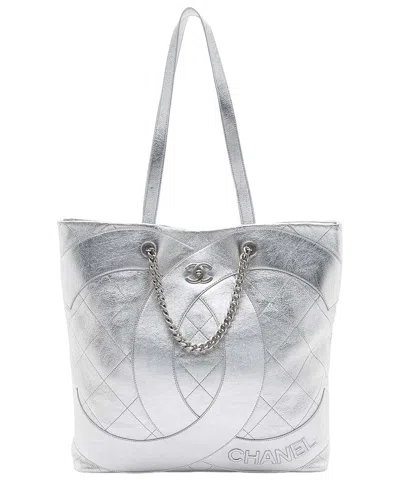 Pre-owned Chanel Silver Lambskin Club Monaco Large Shopping Tote (authentic Pre-loved)