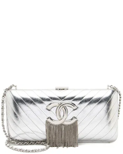 Pre-owned Chanel Silver Lambskin Fringe Clutch (authentic Pre-loved)