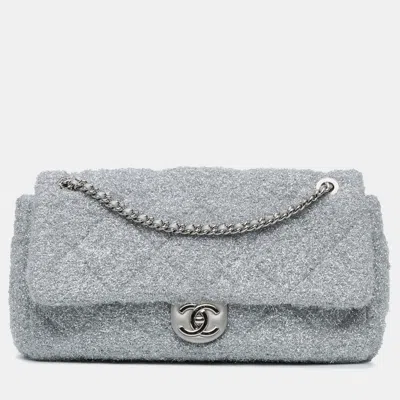 Pre-owned Chanel Silver Large Quilted Lurex Ground Control Pluto Glitter Flap