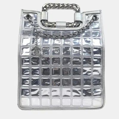 Pre-owned Chanel Silver Leather Vinyl Ice Cube Tote 2way Handbag