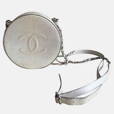 Pre-owned Chanel Silver Lizard Leather Round Mini Shoulder Bag