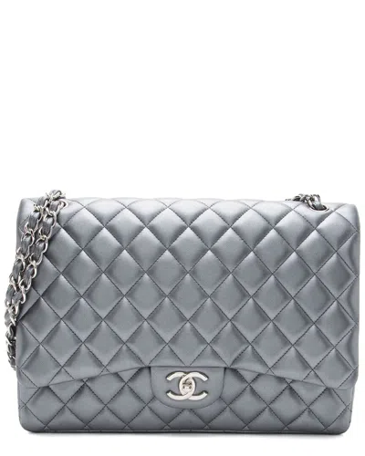 Pre-owned Chanel Silver Metallic Lambskin Classic Maxi Double Flap Bag (authentic Pre-  Owned)