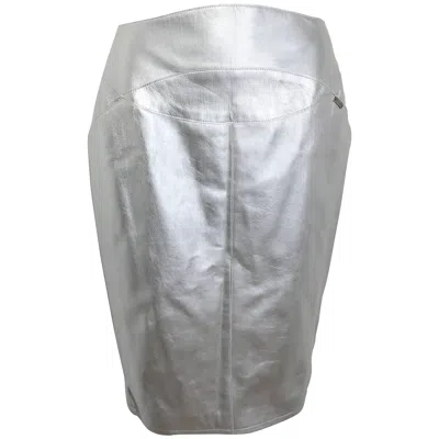 Pre-owned Chanel Silver Metallic Lambskin Leather Knee Length Pencil Skirt