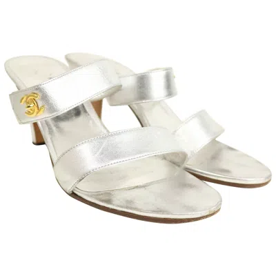 Pre-owned Chanel Silver Metallic Leather Straps Sandals Heels With Gold Cc Logo