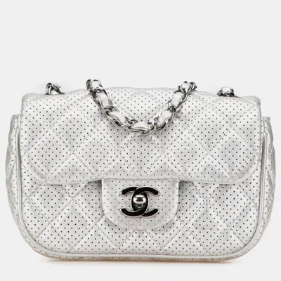 Pre-owned Chanel Silver Mini Perforated Lambskin Punch Flap