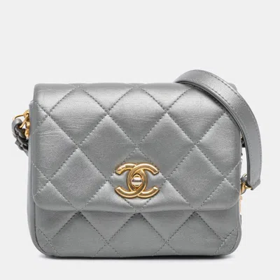 Pre-owned Chanel Silver Mini Quilted Lambskin Side Note Flap