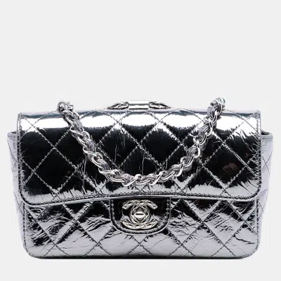 Pre-owned Chanel Silver Mini Quilted Metallic Calfskin Ring Top Handle Flap