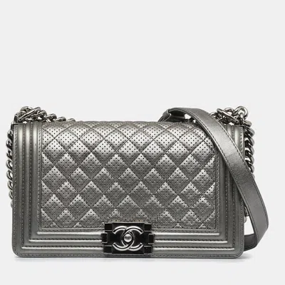 Pre-owned Chanel Silver Old Medium Quilted Perforated Metallic Lambskin Boy Flap