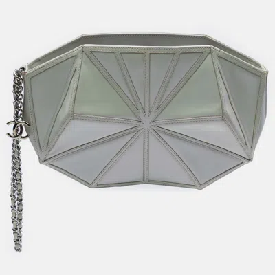 Pre-owned Chanel Silver Pearlescent Lambskin Midnight Swim Wristlet Clutch