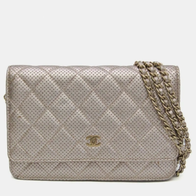 Pre-owned Chanel Silver Perforated Classic Wallet On Chain