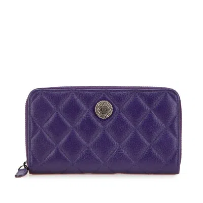 Pre-owned Chanel Silver Purple Leather Long Wallet (bi-fold) ()