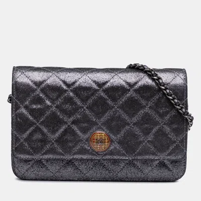 Pre-owned Chanel Silver Quilted Iridescent Lambskin Tartan Button Wallet On Chain