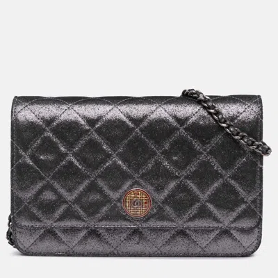 Pre-owned Chanel Silver Quilted Iridescent Lambskin Tartan Button Wallet On Chain