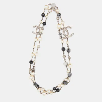 Pre-owned Chanel Silver Tone Faux Pearl & Beaded Star Cc Long Necklace