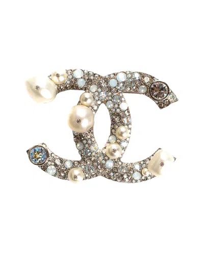 Pre-owned Chanel Silver-tone Faux Pearl Rhinestone Cc Brooch (authentic )