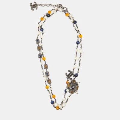 Pre-owned Chanel Silver Tone Faux Peart & Beaded Cc Gripoix Long Necklace In Multicolor