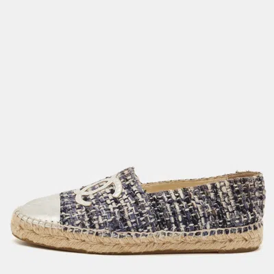 Pre-owned Chanel Silver/blue Leather And Tweed Cc Cap Toe Espadrille Flats Size 38