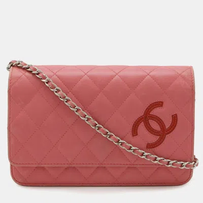 Pre-owned Chanel Simply Cc Matelasse Coco Mark Chain Wallet Shoulder Bag Pochette Leather Pink Red