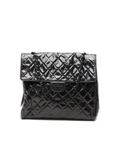 Pre-owned Chanel Single Flap Patent Maxi Square Bag In Black