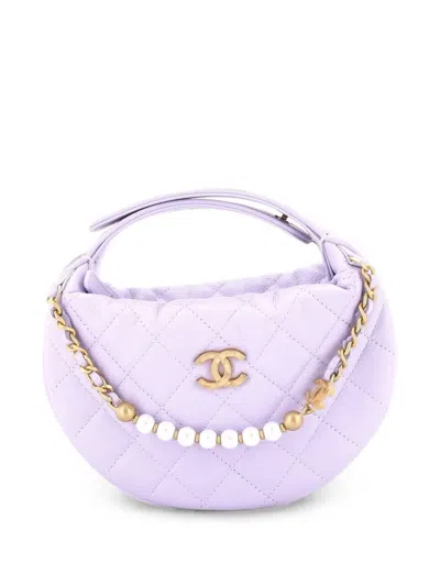 Pre-owned Chanel Single Pearl Chain Pouch Quilted Caviar Hobo Bag In Purple