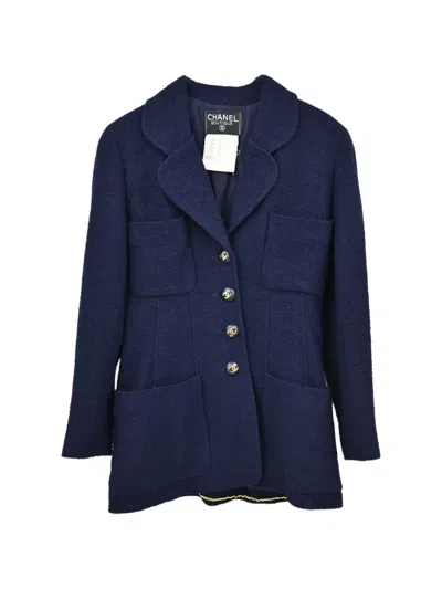 Pre-owned Chanel Single-breasted Tweed Coat In Blue
