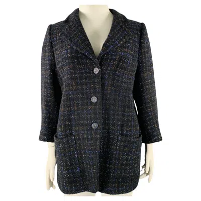 Pre-owned Chanel Size 18 Black Navy Cotton Blend Shiny 3/4 Sleeves Coat In Blue