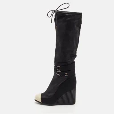 Pre-owned Chanel Size 35 Black/white Leather Suede And Fabric Buckle Detail Wedge Knee Length Boots