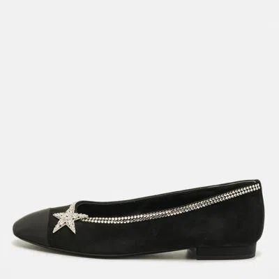 Pre-owned Chanel Size 36 Black Canvas Suede Crystal And Star Embellished Ballet Flats
