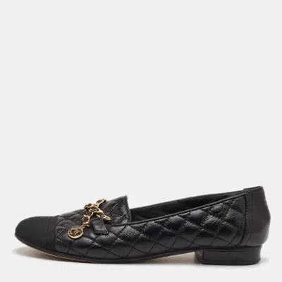 Pre-owned Chanel Size 36 Black Leather And Fabric Cc Cap Toe Chain Link Loafers