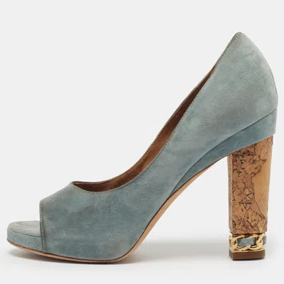 Pre-owned Chanel Size 36 Blue Suede Cork Heel Open Toe Pumps