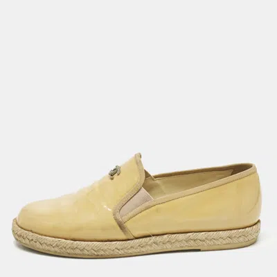 Pre-owned Chanel Size 36.5 Beige Patent Leather Espadrille Loafers In Sand