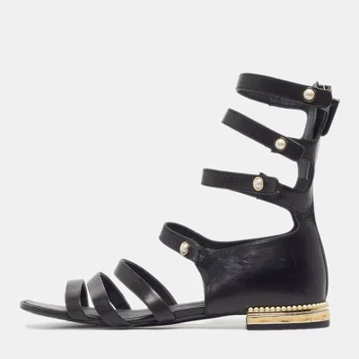 Pre-owned Chanel Size 36.5 Black Leather Interlocking Cc Logo Gladiator Sandals