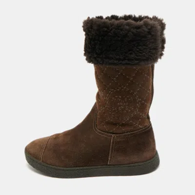 Pre-owned Chanel Size 36.5 Brown Quilted Suede Mid Calf Boots