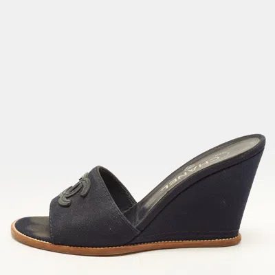 Pre-owned Chanel Size 36.5 Navy Blue Canvas Wedge Sandals