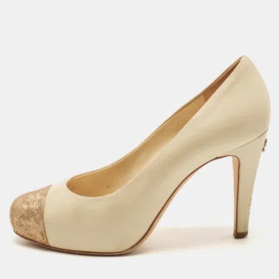 Pre-owned Chanel Size 37 Beige/gold Glitter And Leather Cap Toe Block Heel Pumps