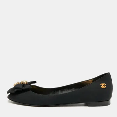 Pre-owned Chanel Size 37 Black Canvas Ballet Bow Peep Toe Ballet Flats
