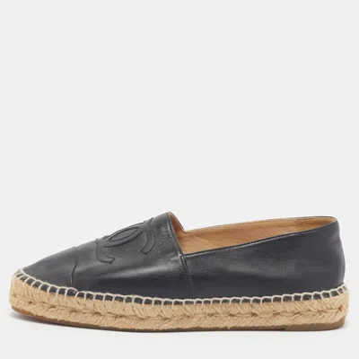 Pre-owned Chanel Size 37 Black Leather Cc Cap Toe Slip On Espadrille Flats