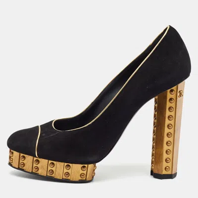 Pre-owned Chanel Size 37 Black/gold Suede And Leather Platform Pumps