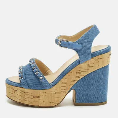 Pre-owned Chanel Size 37 Blue Denim Cork Platform Ankle Strap Sandals