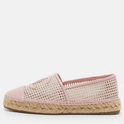 Pre-owned Chanel Size 37 Pink Woven Fabric And Leather Cc Cap Toe Espadrille Loafers