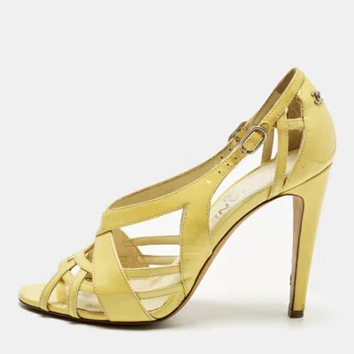 Pre-owned Chanel Size 37.5 Beige Patent Leather Ankle Strap Sandals