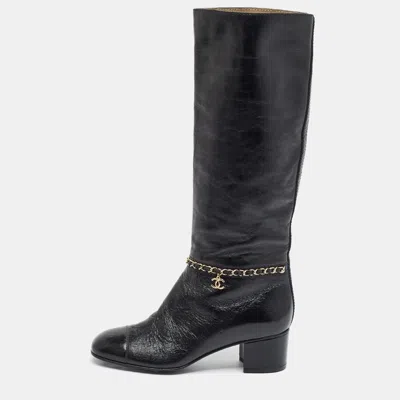 Pre-owned Chanel Size 37.5 Black Leather Knee Length Boots