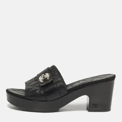 Pre-owned Chanel Size 37.5 Black Quilted Leather Cc Turn Lock Platform Slide Sandals