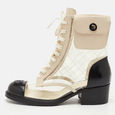 Pre-owned Chanel Size 37.5 Black/cream Pvc And Leather Cc Pocket Lace Up Ankle Boots