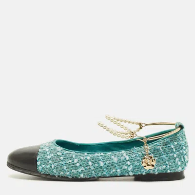 Pre-owned Chanel Size 37.5 Blue Leather And Tweed Ankle Chain With Faux Pearls Ballet Flats