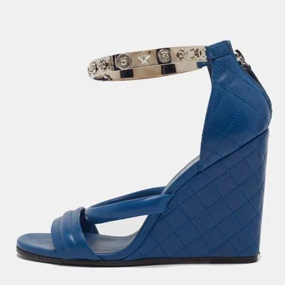 Pre-owned Chanel Size 37.5 Blue Leather Charm Embellished Ankle Cuff Wedge Sandals