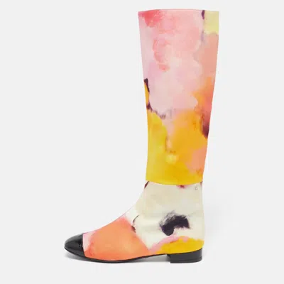 Pre-owned Chanel Size 37.5 Multicolor Patent Leather And Satin Rain Boots