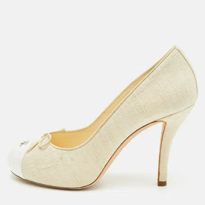 Pre-owned Chanel Size 38 Beige Canvas Cap Toe Pumps In Sand