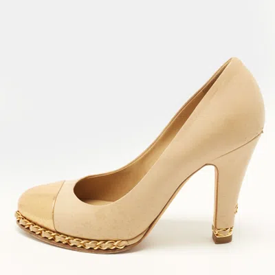 Pre-owned Chanel Size 38 Beige/gold Leather Cap Toe Chain Platform Block Heel Pumps